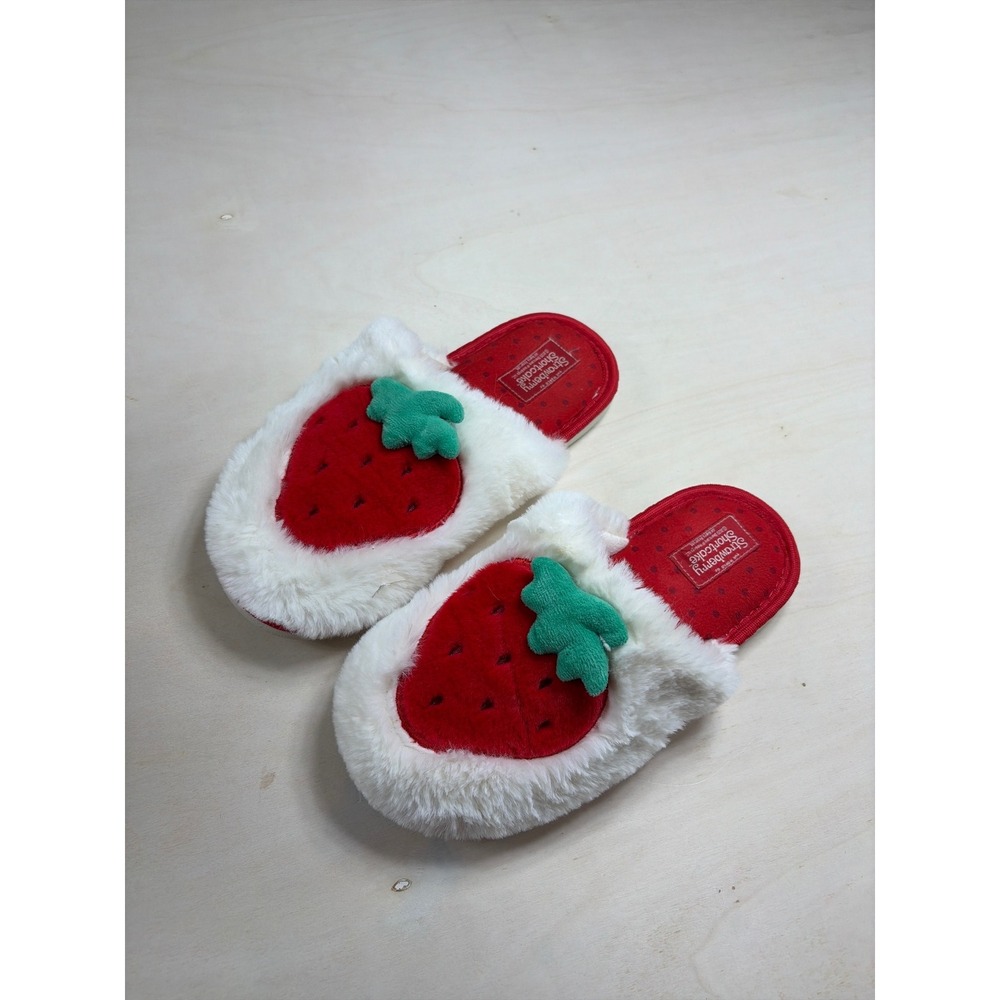 Strawberry Shortcake Plush House Slippers Red White Faux Fur Fruit Slides Medium